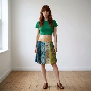 Vintage 90s Green Patchwork Skirt Blue Floral Boho Bohemian Mermaid Size 11
